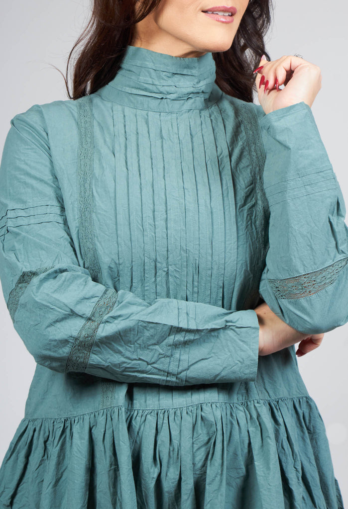 High Neck Cotton Dress With Pintucks in Jade