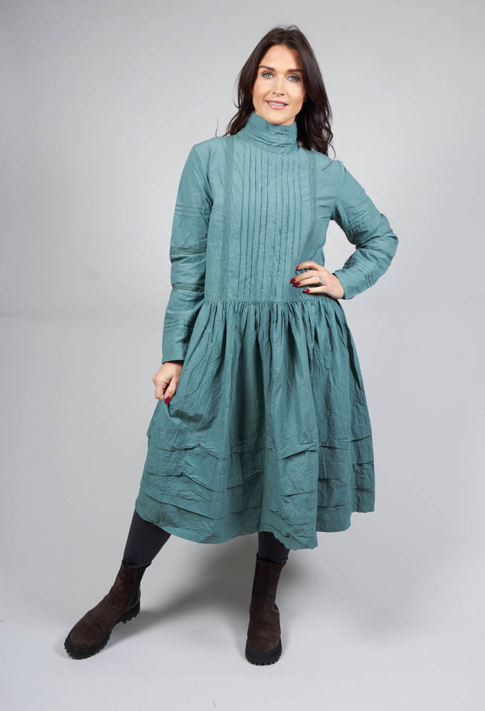 High Neck Cotton Dress With Pintucks in Jade