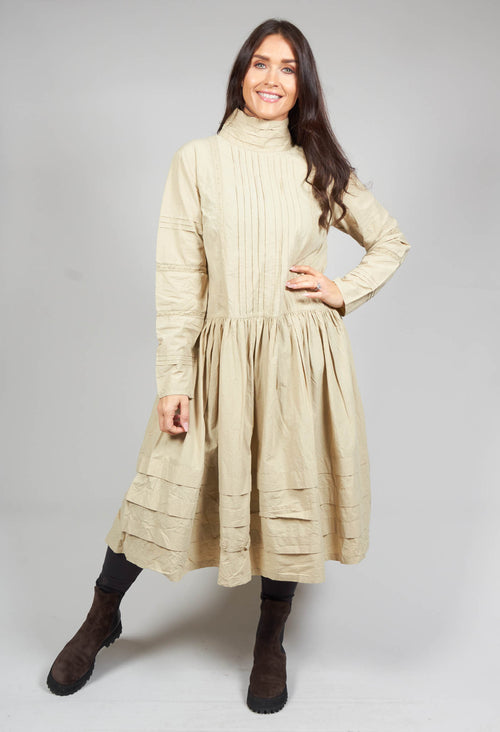 High Neck Cotton Dress with Pintucks in Khaki