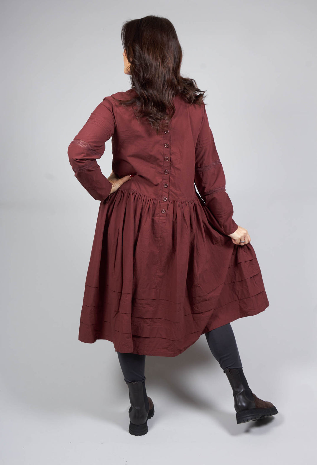 High Neck Cotton Dress with Pin Tucks in Maroon