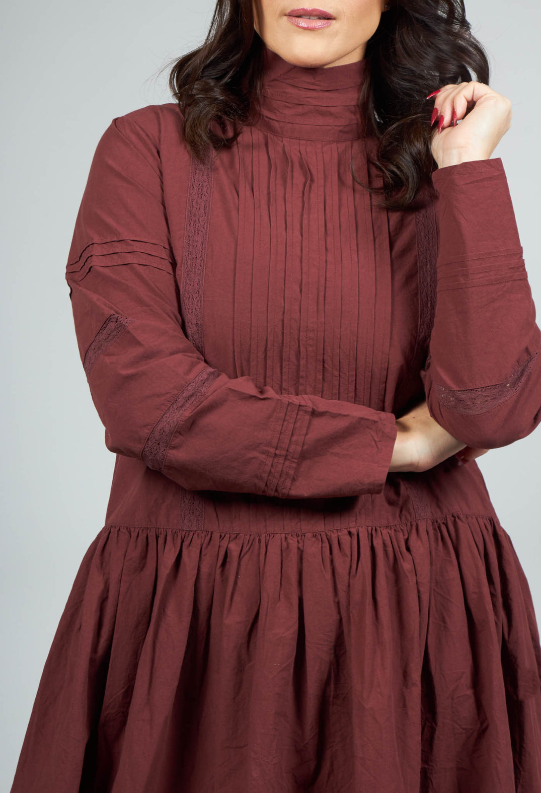 High Neck Cotton Dress with Pin Tucks in Maroon