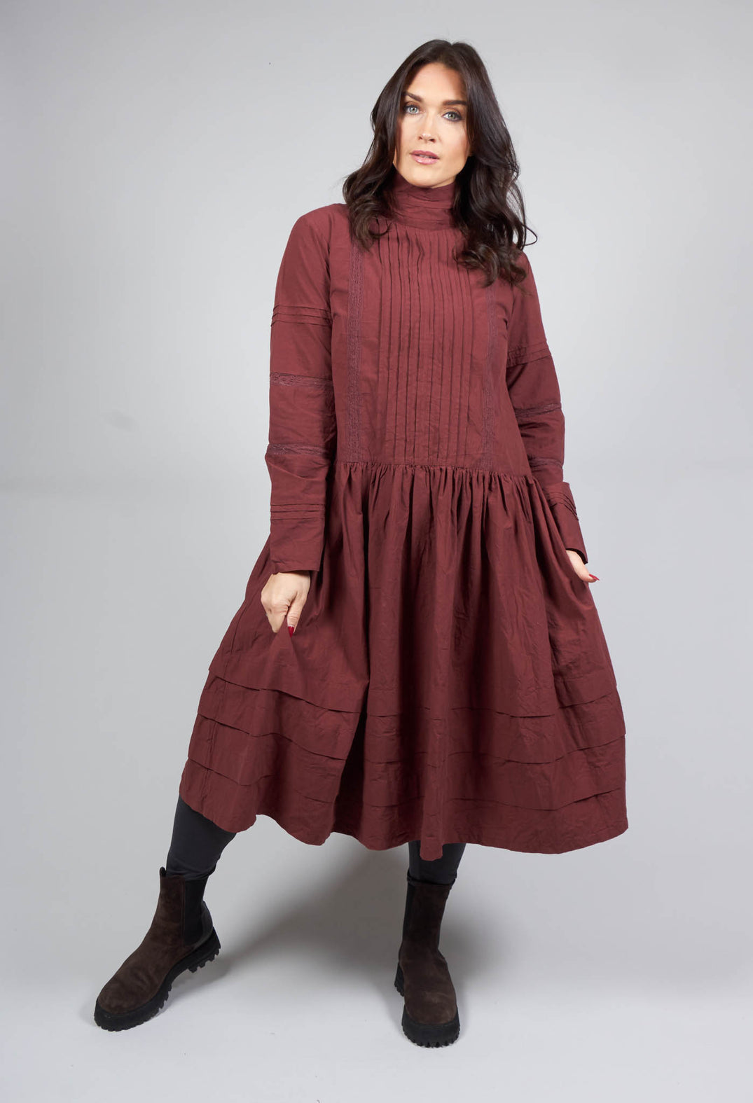 High Neck Cotton Dress with Pin Tucks in Maroon