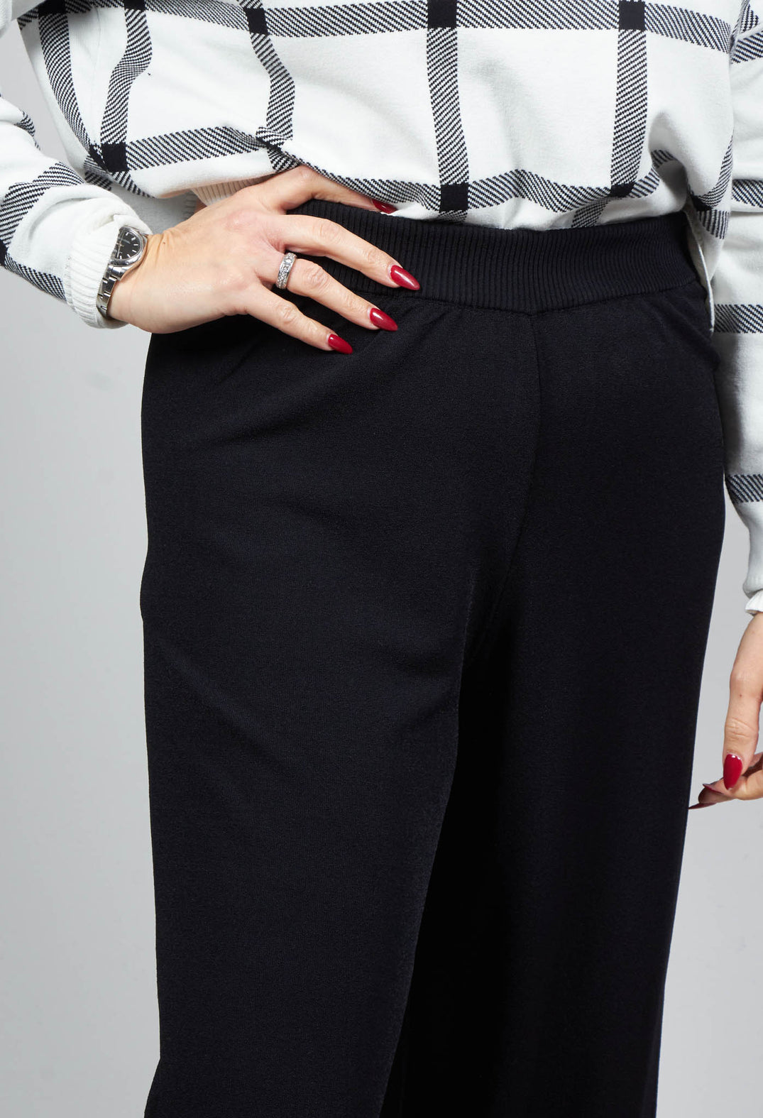 Wide Leg Knitted Trousers with Elasticated Waist in Black