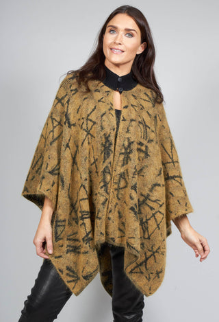 High Button Neck Poncho with Black Pattern Detail in Mustard