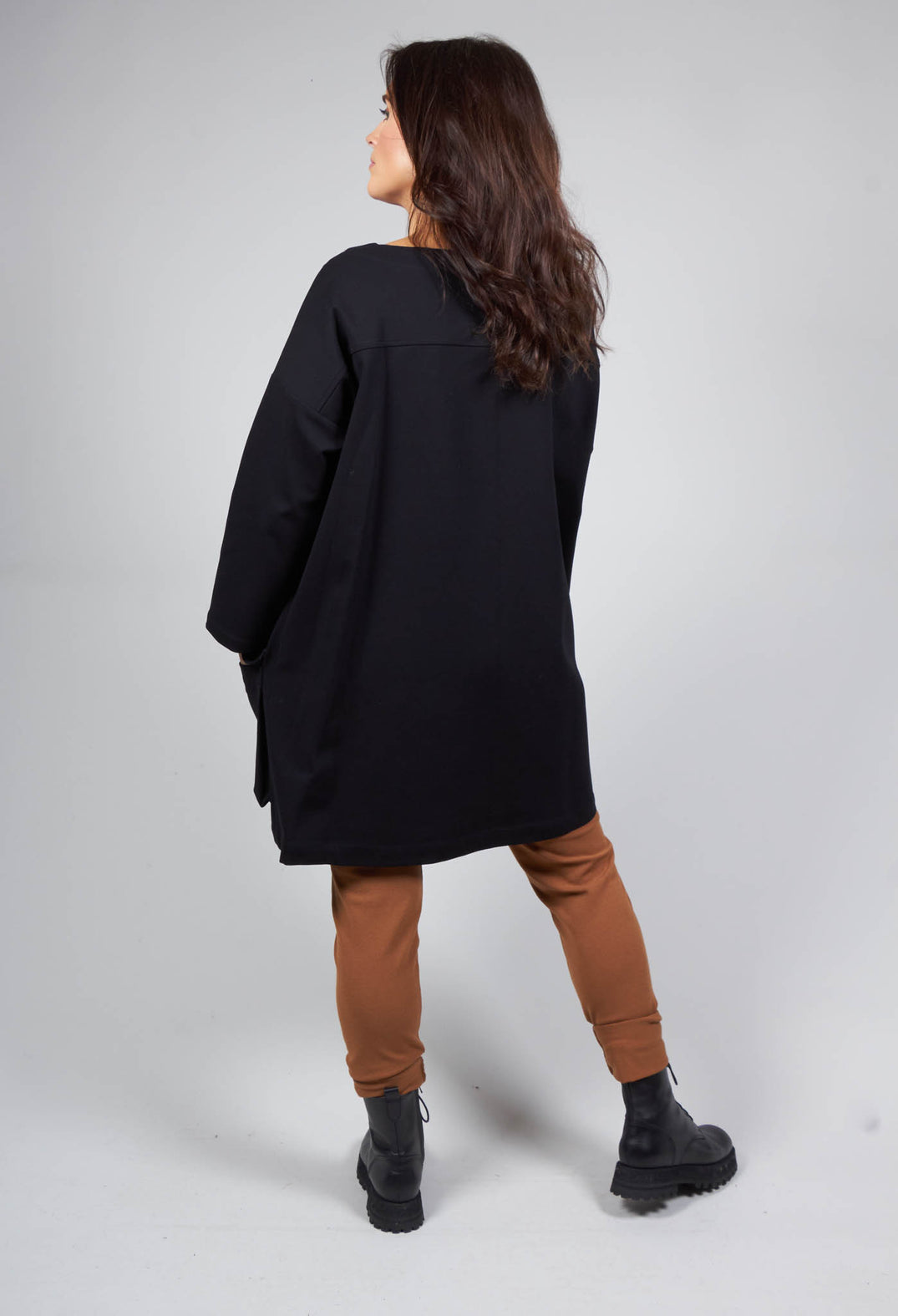 Slash Neck Tunic Dress with Large Pocket Detail in Black