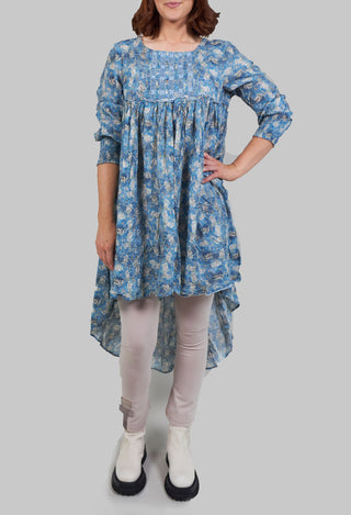 Tunic Dress with Curved Hem in Blue Flower
