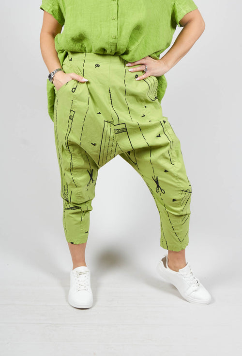 Pull On Drop Crotch Trousers in Kiwi Black Allover