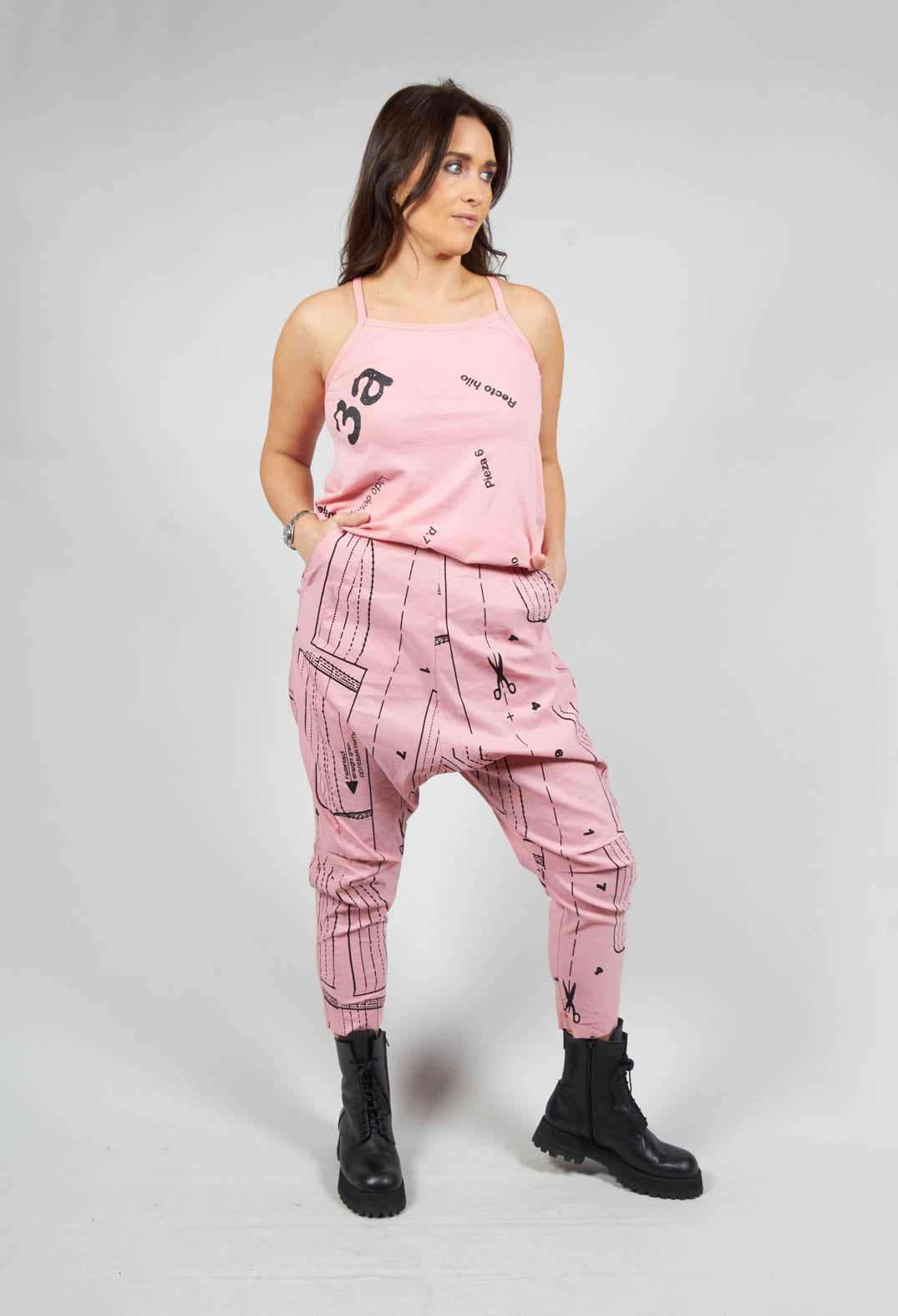 Pull On Drop Crotch Trousers in Lychee Black Allover