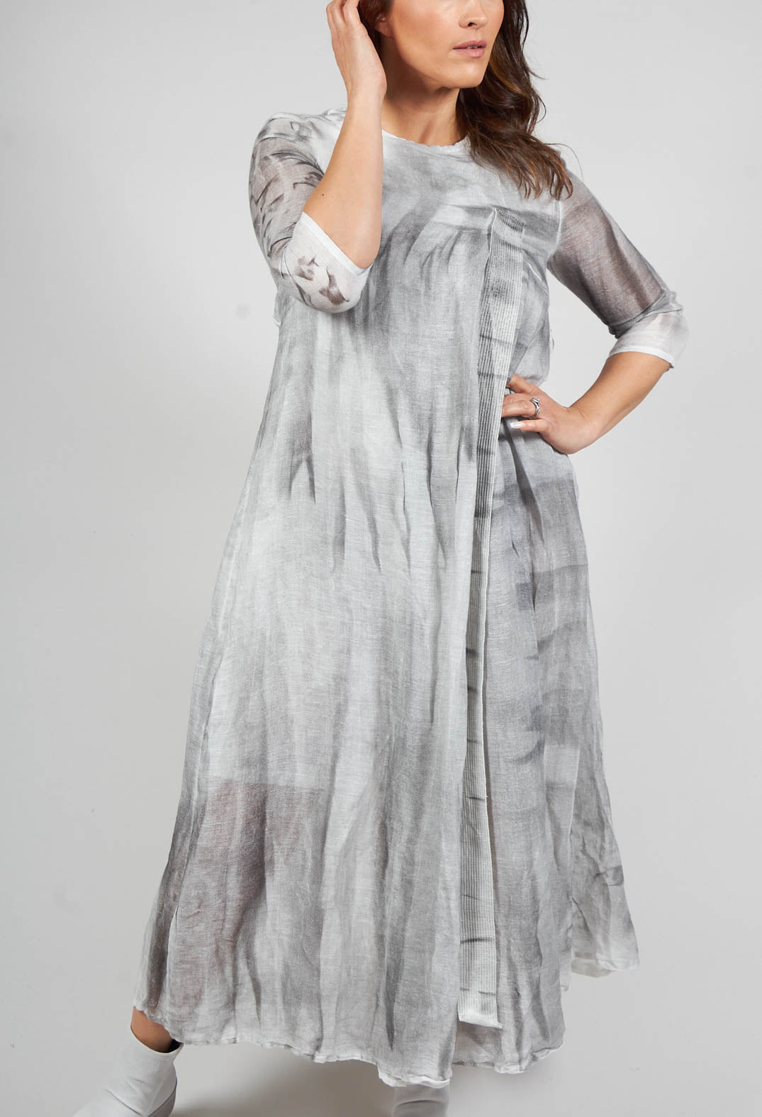 Violet Dress with Hand Painted Print in Grey