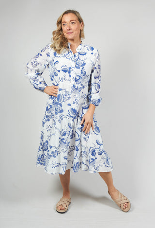 Long Sleeve Shirt Dress with Blue and White Print
