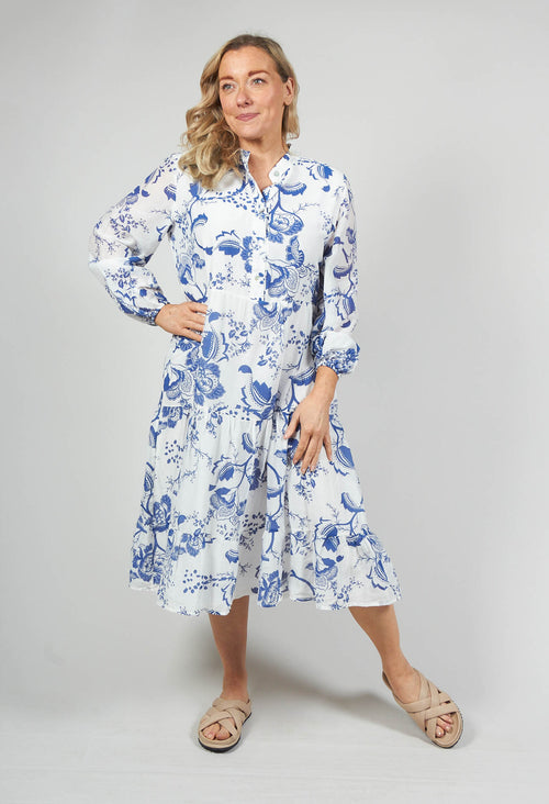 Long Sleeve Shirt Dress with Blue and White Print