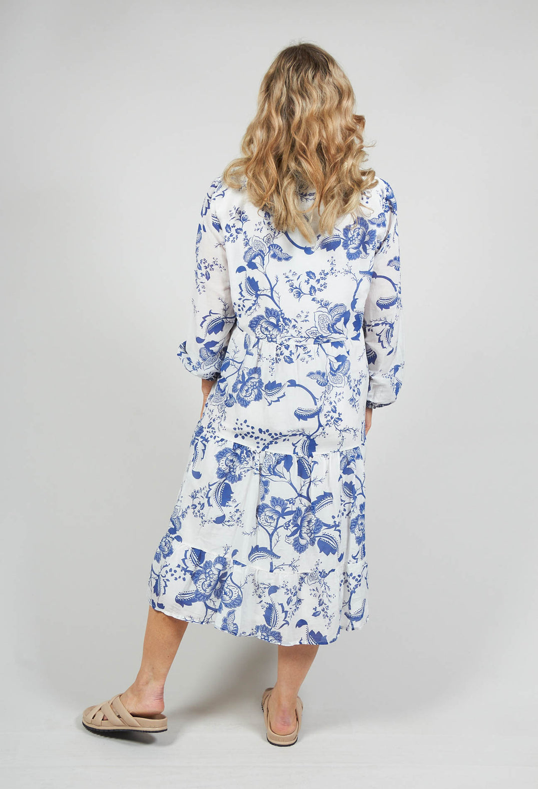 Long Sleeve Shirt Dress with Blue and White Print