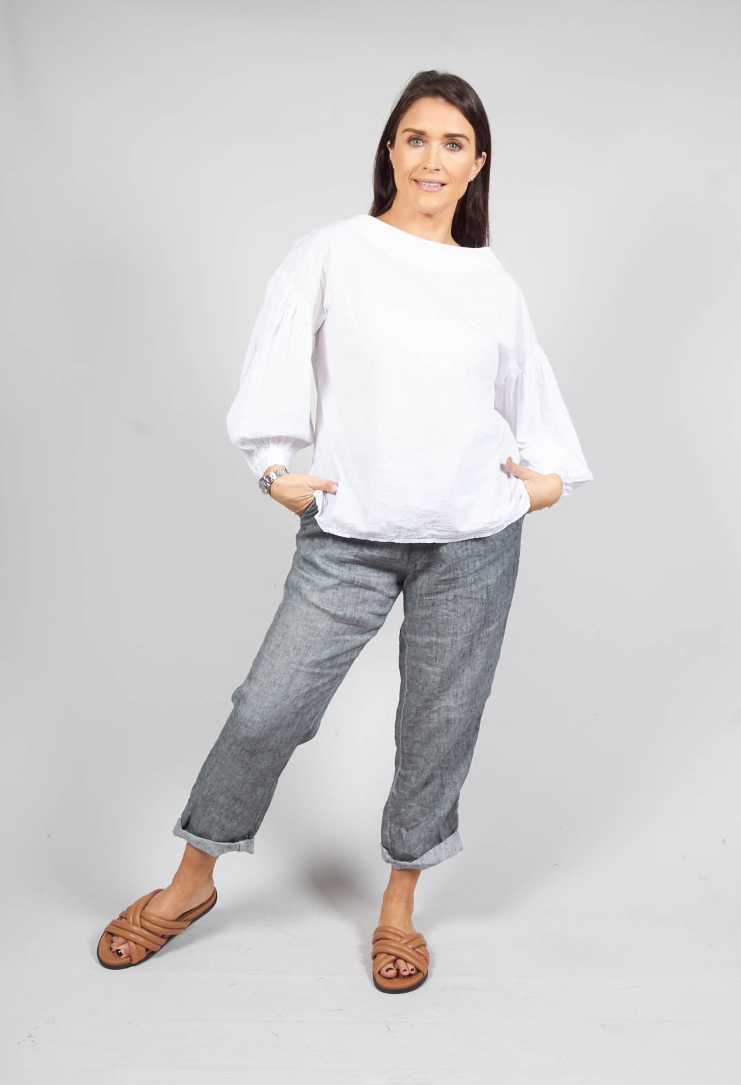 Crinkle Top with Contrasting Sleeves in White