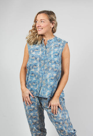 Sleeveless Top with Button Up Front in Blue Flower