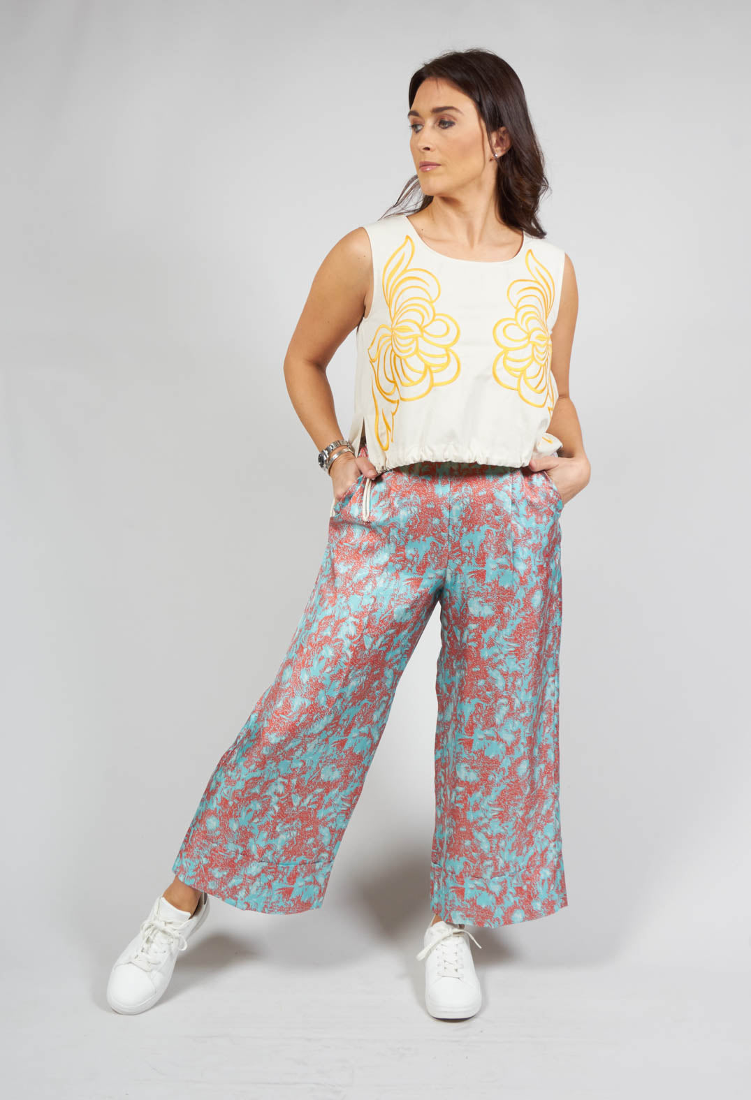 lady wearing printed culottes