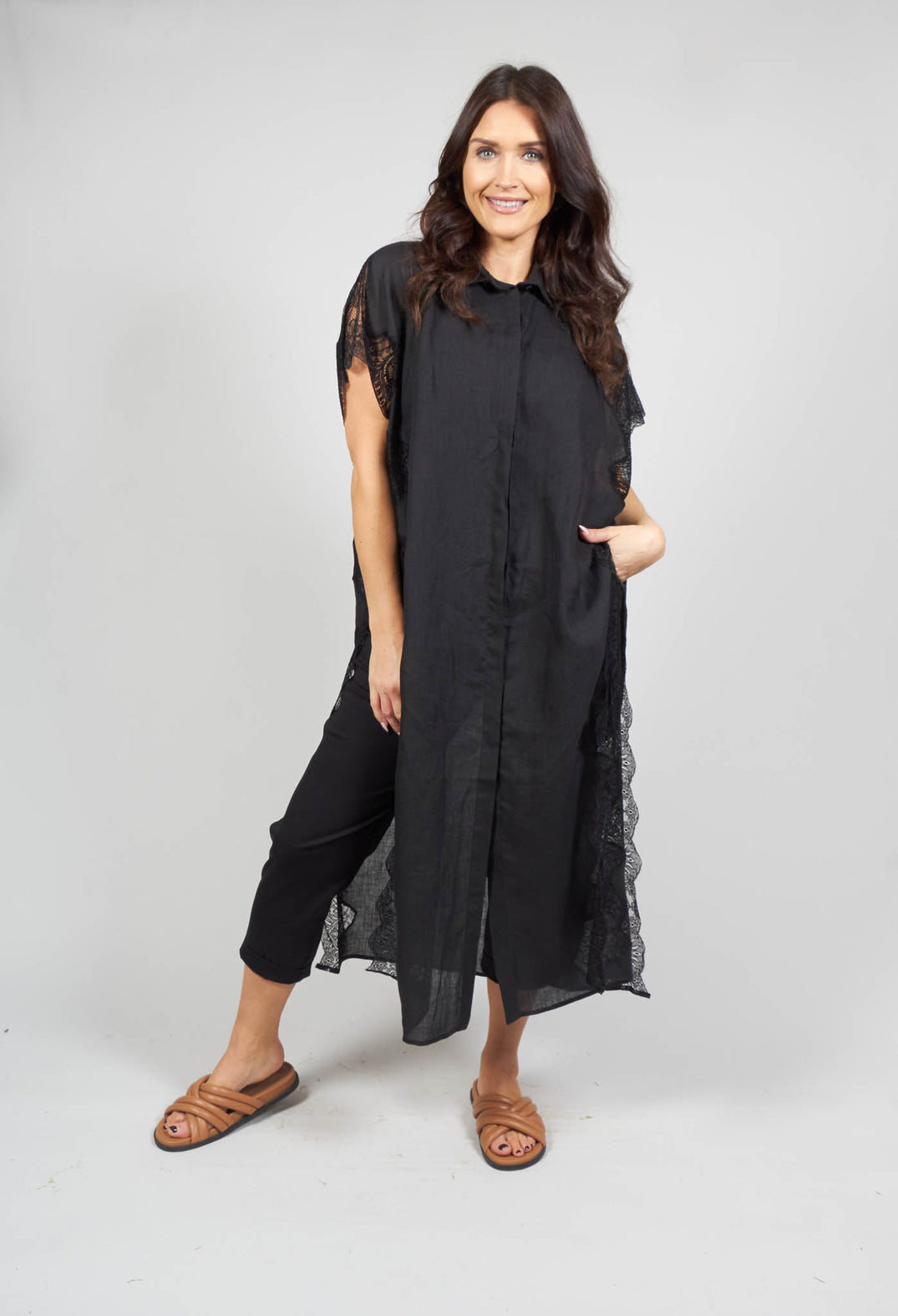 shirt dress in black with lace detailing and front pockets