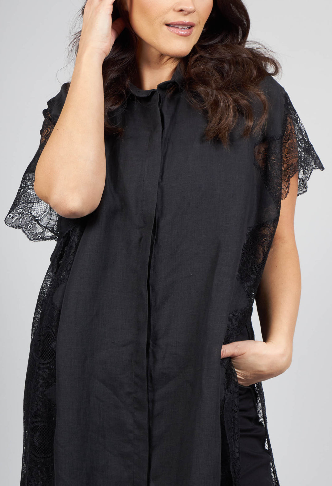 lace detail on sleeves of the black shirt dress