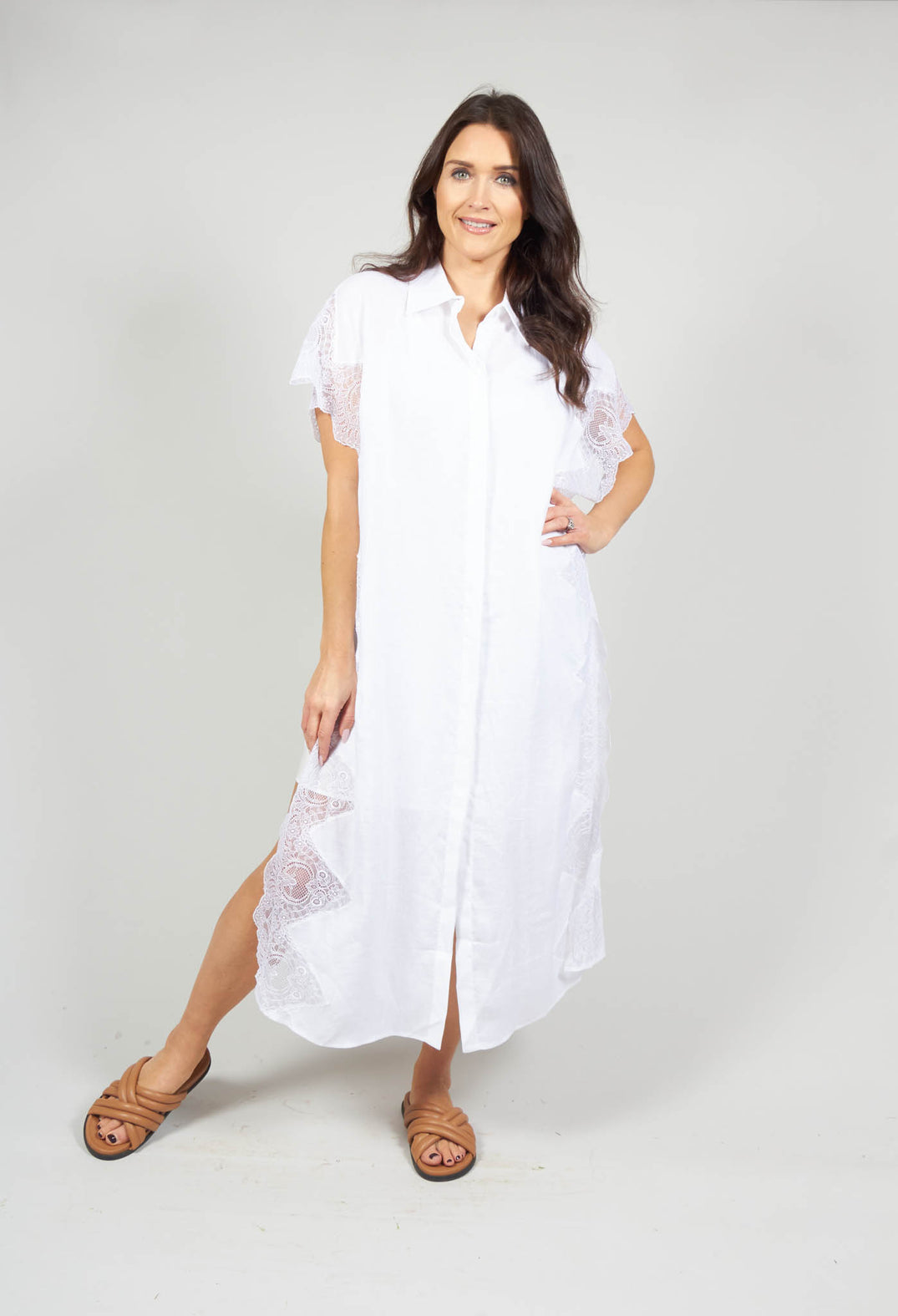 lady wearing white short sleeve shirt dress with lace detail