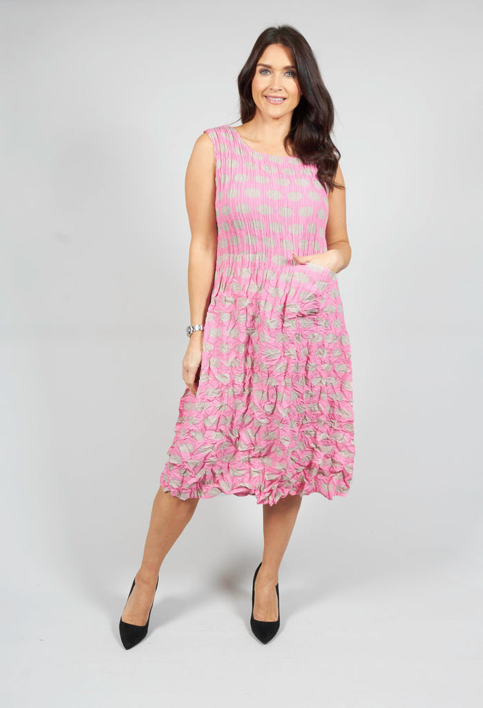 Crinkle Dress with Front Pockets in Pink Beige Spot