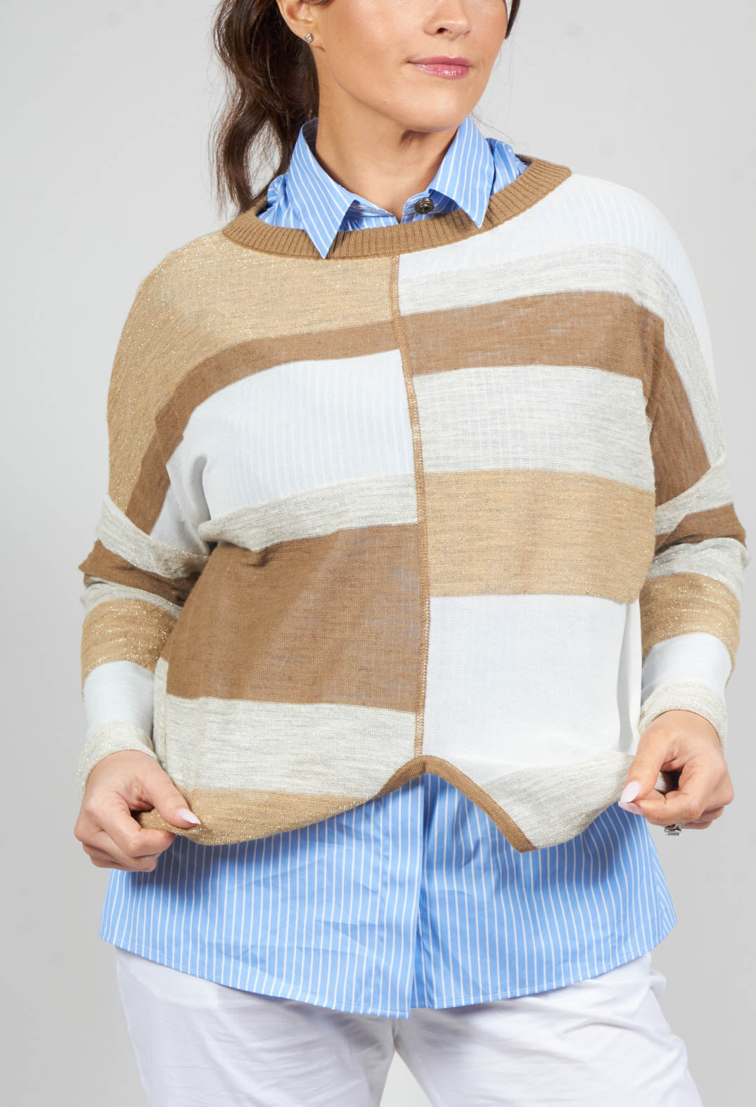 Striped Sweater with Metalic Detail in Beige