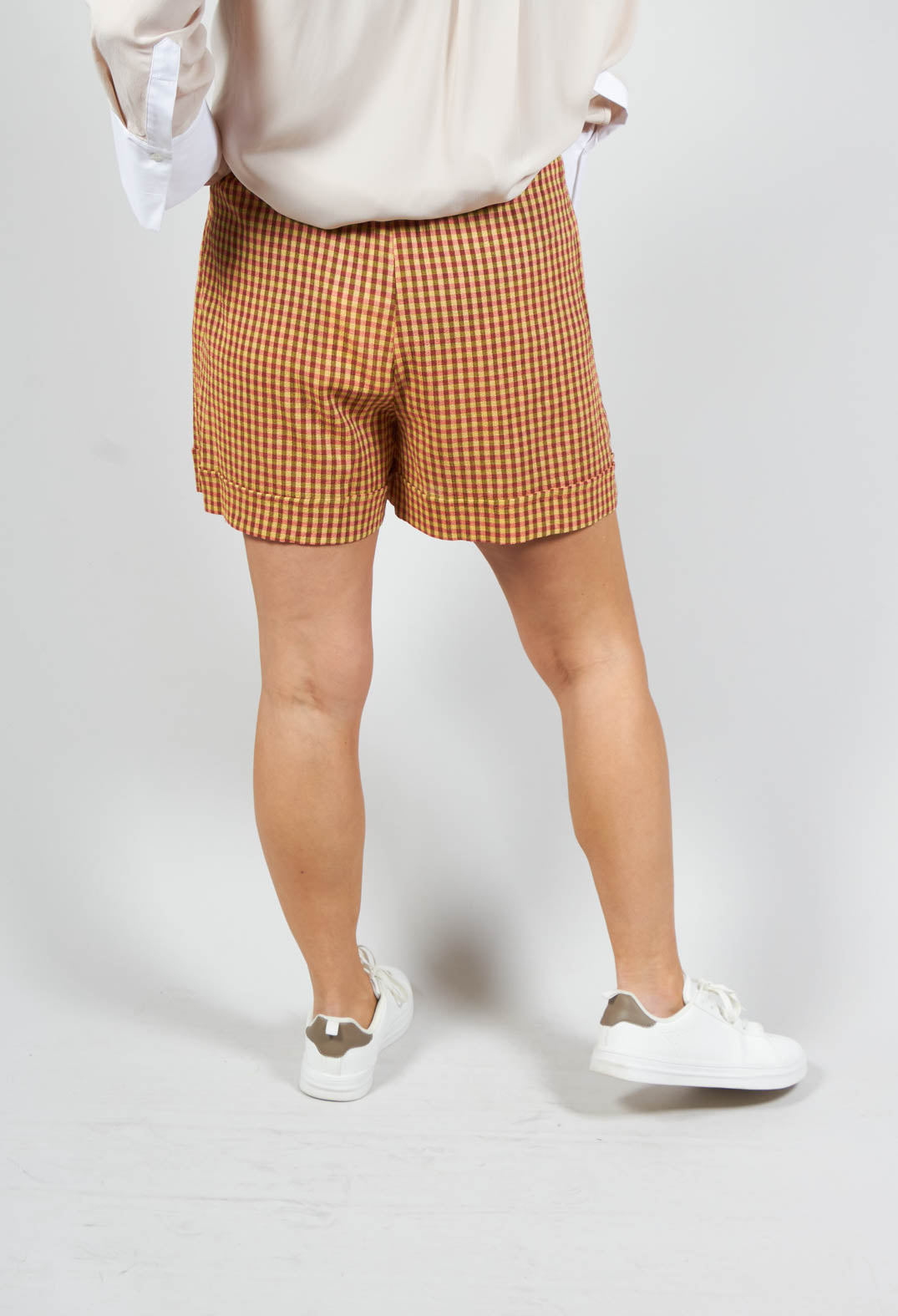 orange check turn up shorts