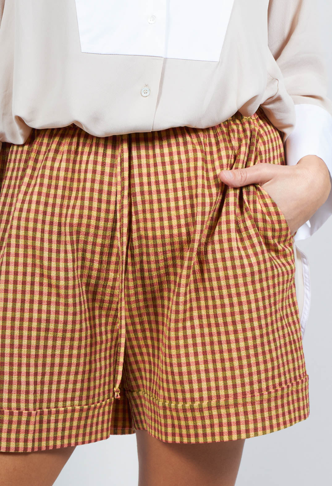 orange check turn up shorts with front pockets