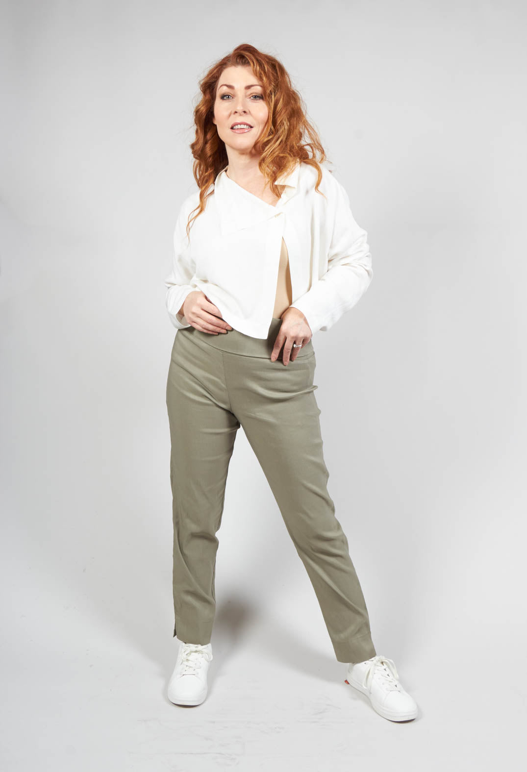 Pull on Trousers with Folded Waistband in Green