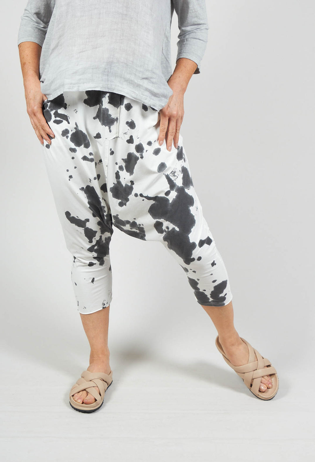 Jersey Drop Crotch Trousers in Grey Dye