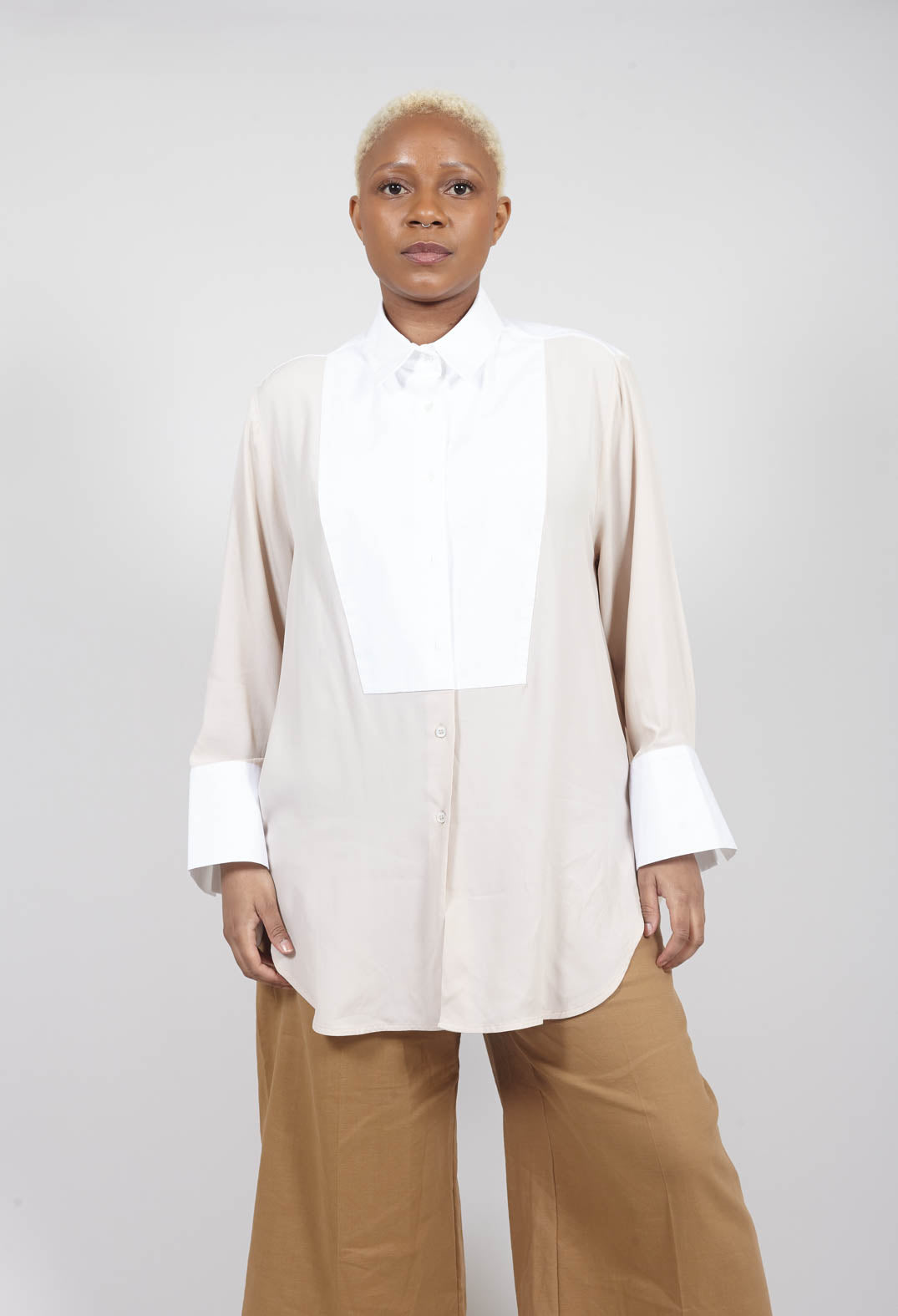 long sleeved shirt with tuxedo style panel