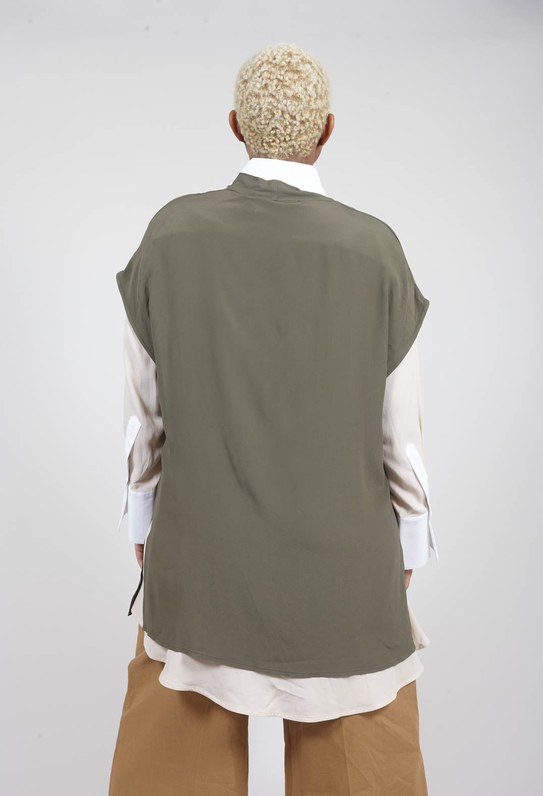 V Neck Capped Sleeve Loose fit Top in Khaki Green