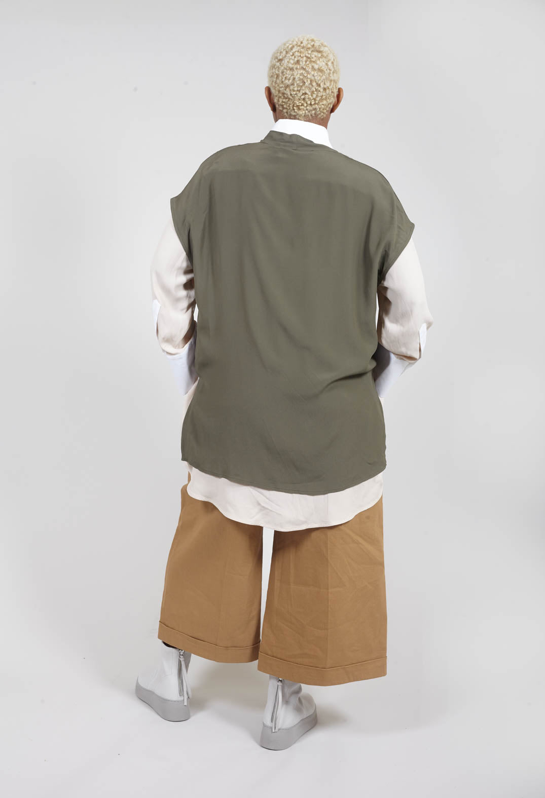 khaki green v neck capped sleeves top