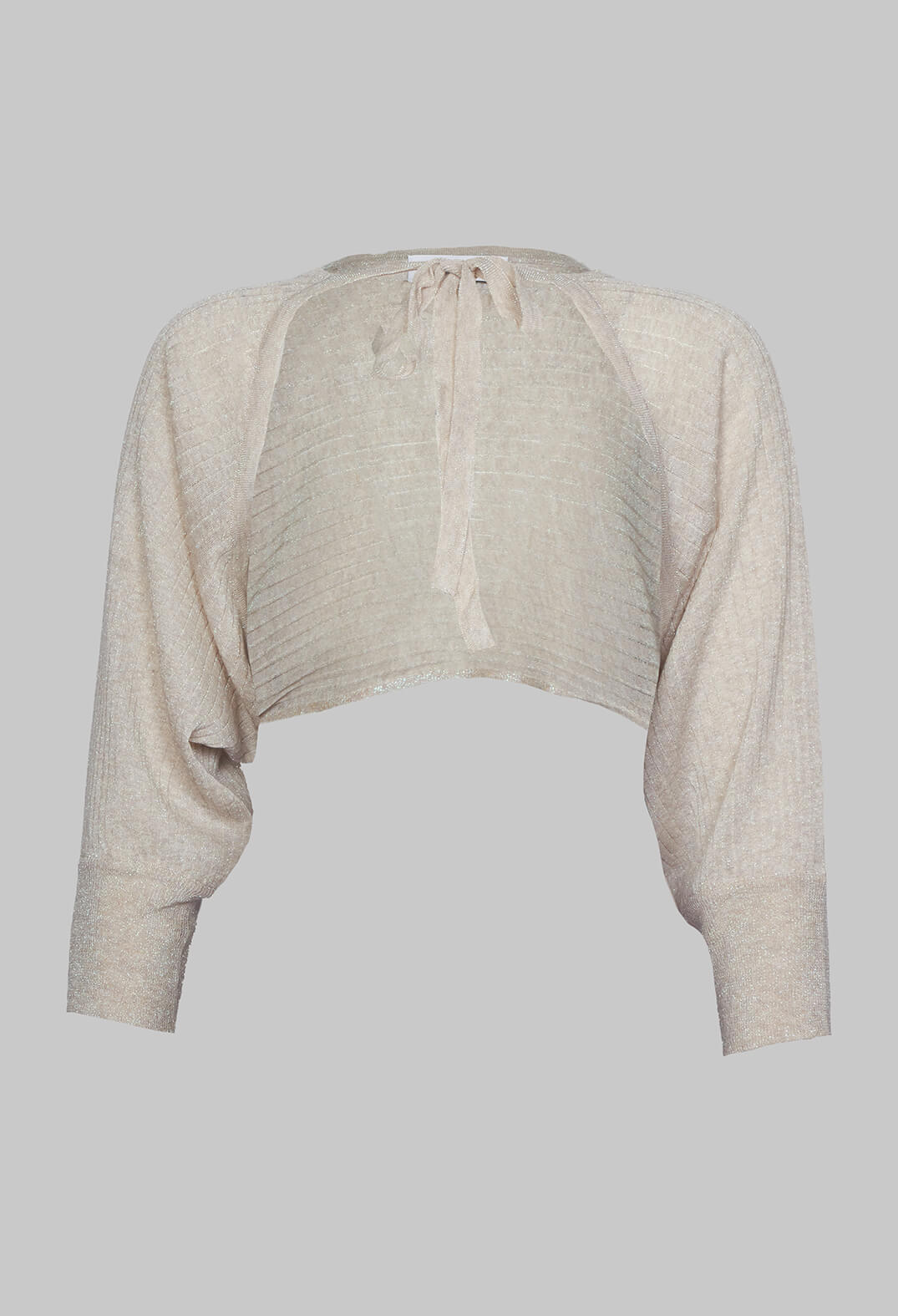 short beige balero shrug with tie front