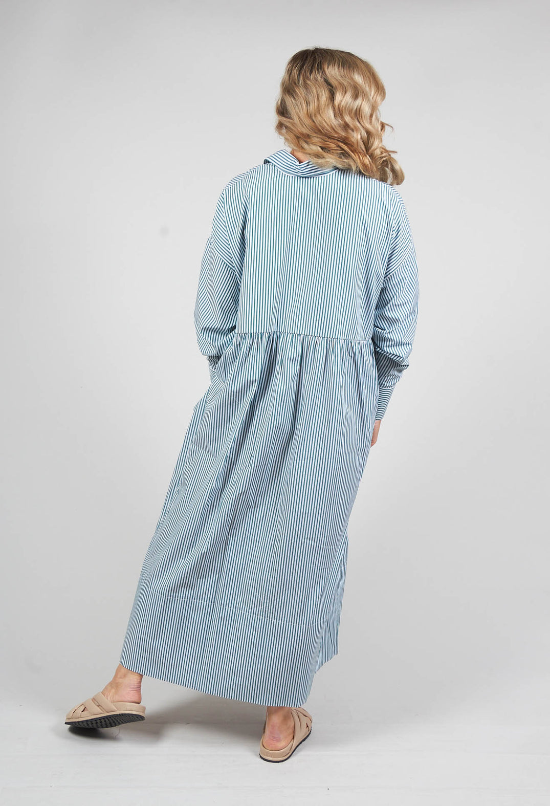 Long Sleeved Shirt Dress in Green and White Stripes
