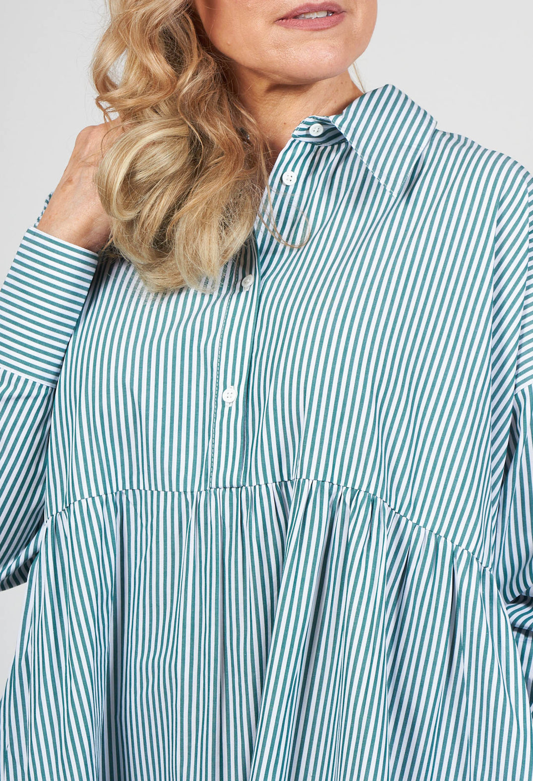 Long Sleeved Shirt Dress in Green and White Stripes