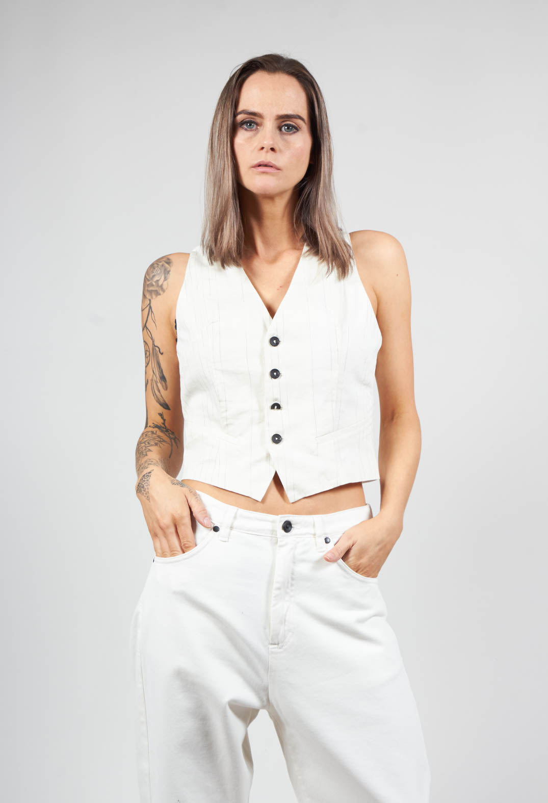 Waistcoat with Faux Front Pockets in White with Black Stripes