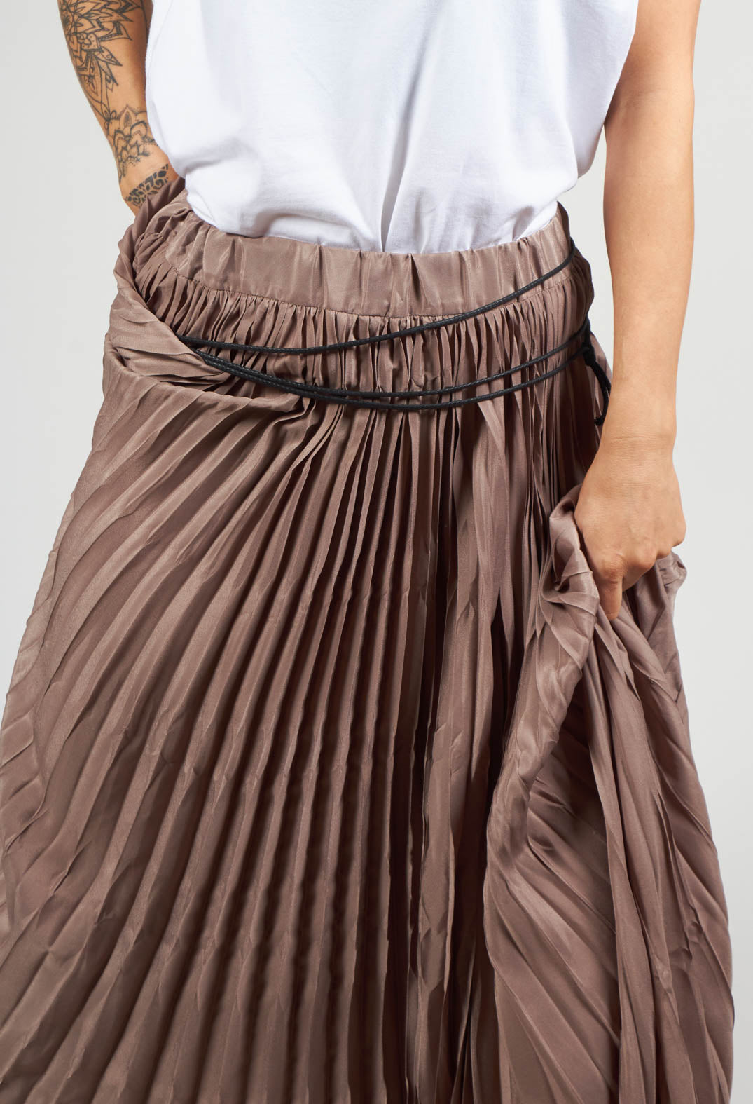 Pleated Skirt with Asymmetric Hem in Brown