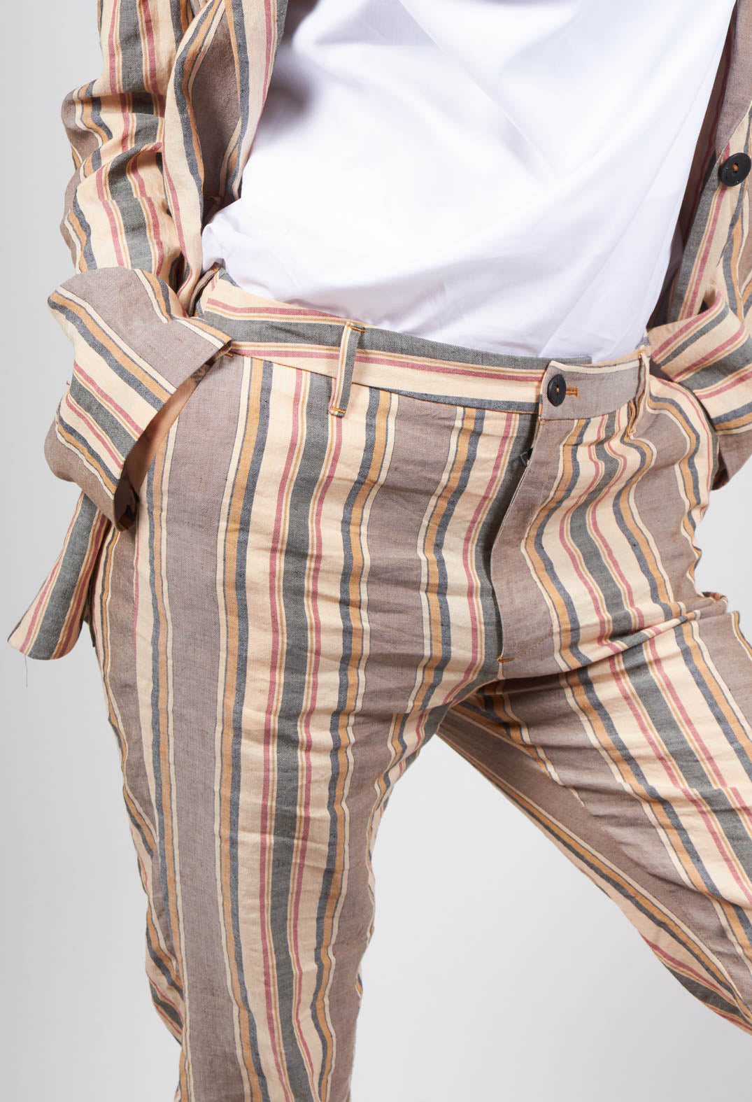 Straight Leg Trousers with High Low Hem in Stripe