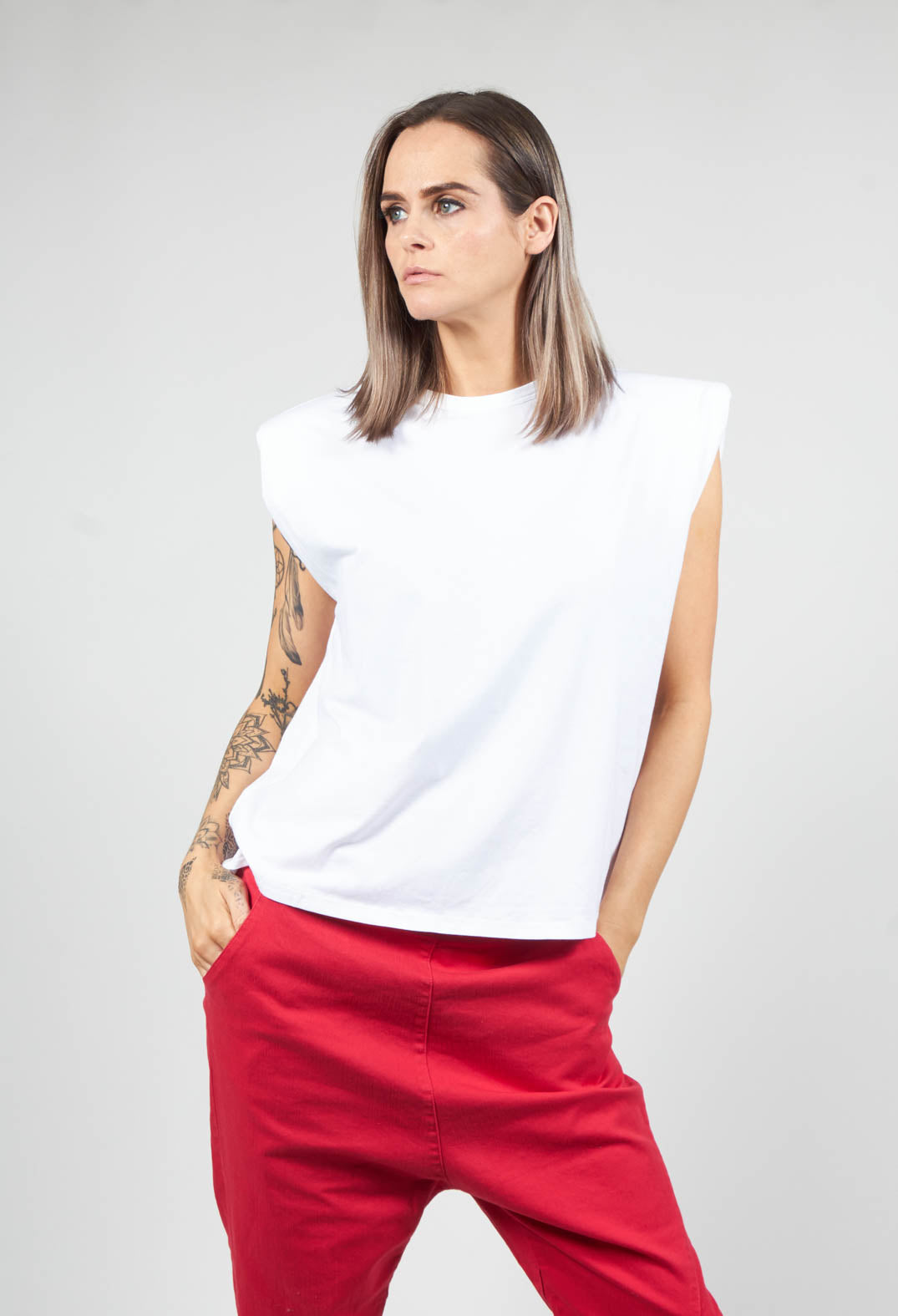 Sleeveless Top with Shoulder Pads in White