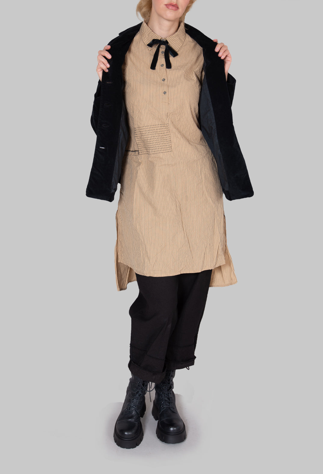 Striped Cotton Idra Blouse in Beige and Black Stripe