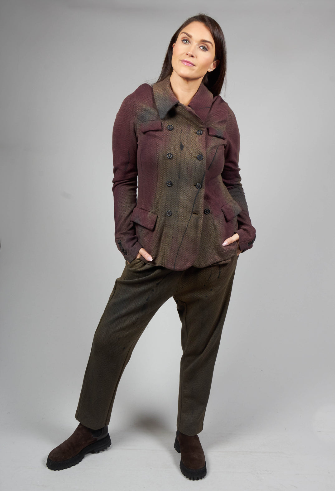 Double Breasted Jacket with Pointed Collar in Umbra Paint