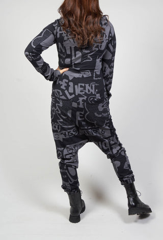 Hooded Jersey Jumpsuit in Black Print