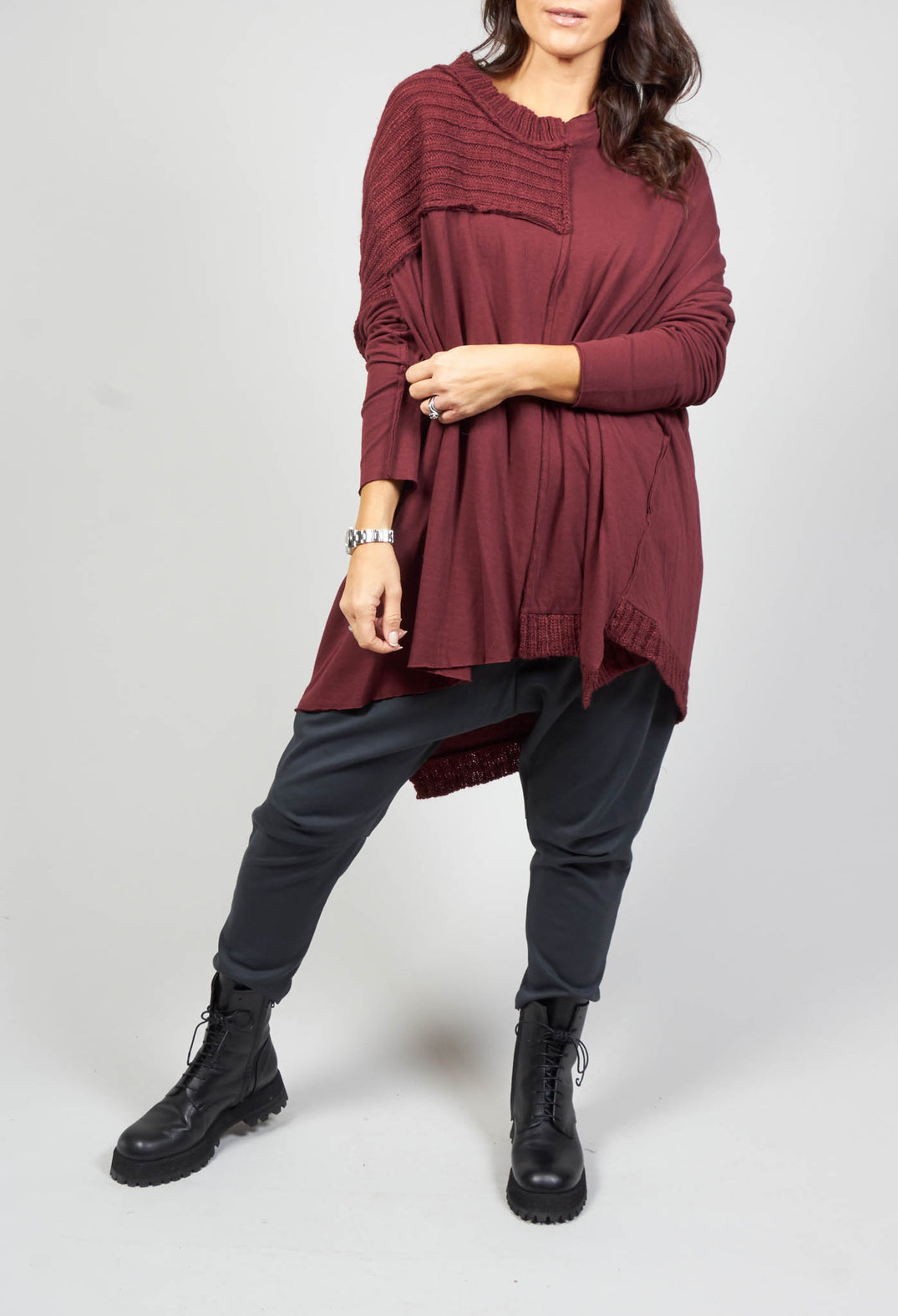 Relaxed Fit Jumper with Rib Detail in Wine