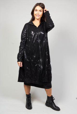 Sequin Fabric Hooded Coat in Black