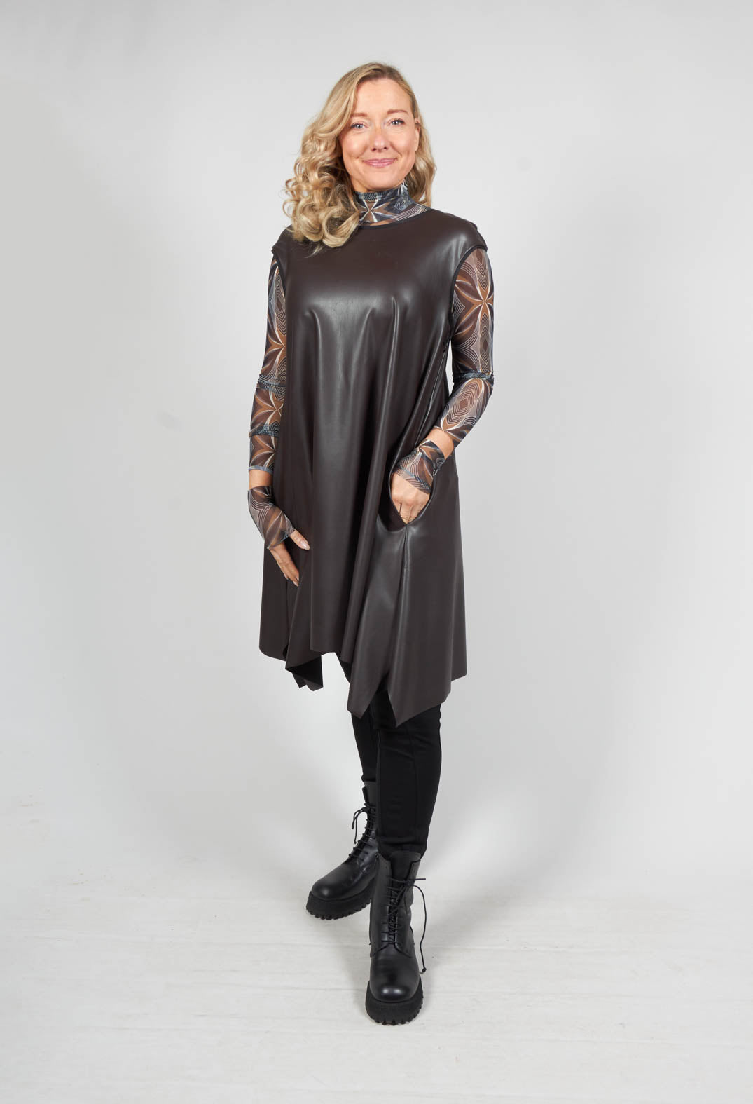 Xenia Design Leather Look A Line Dress in Brown | Olivia May Xenia Design Leather Look A Line Dress in Brown | Olivia May