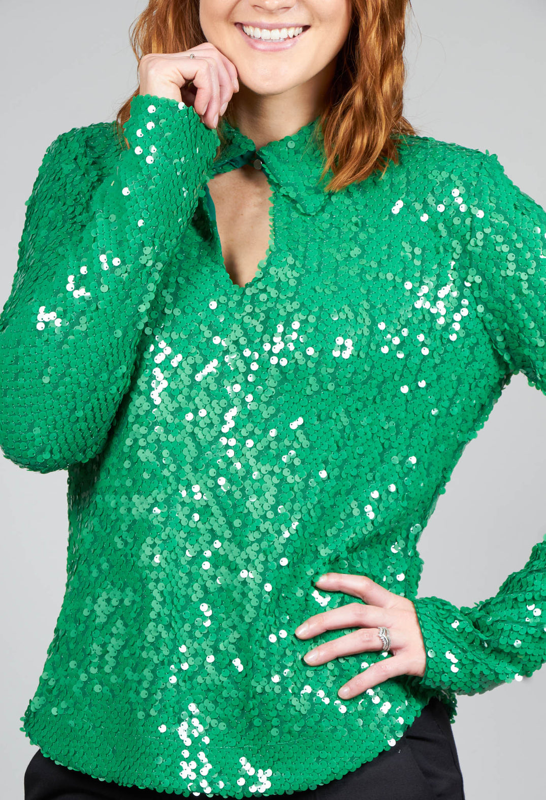 long sleeve green sequin blouse