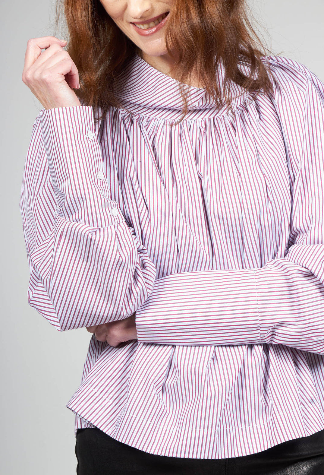 Gathered Blouse in Blue Red Stripe