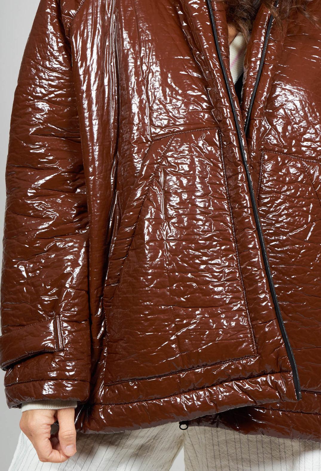 Short A Line Jacket with Hood in Glossy Mahony