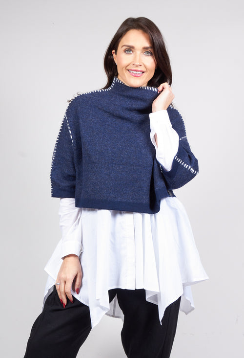 Cropped Jumper with Contrast Stitching in Blue