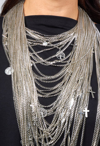 Longline Necklace with Multiple Chains and Pendants in Silver