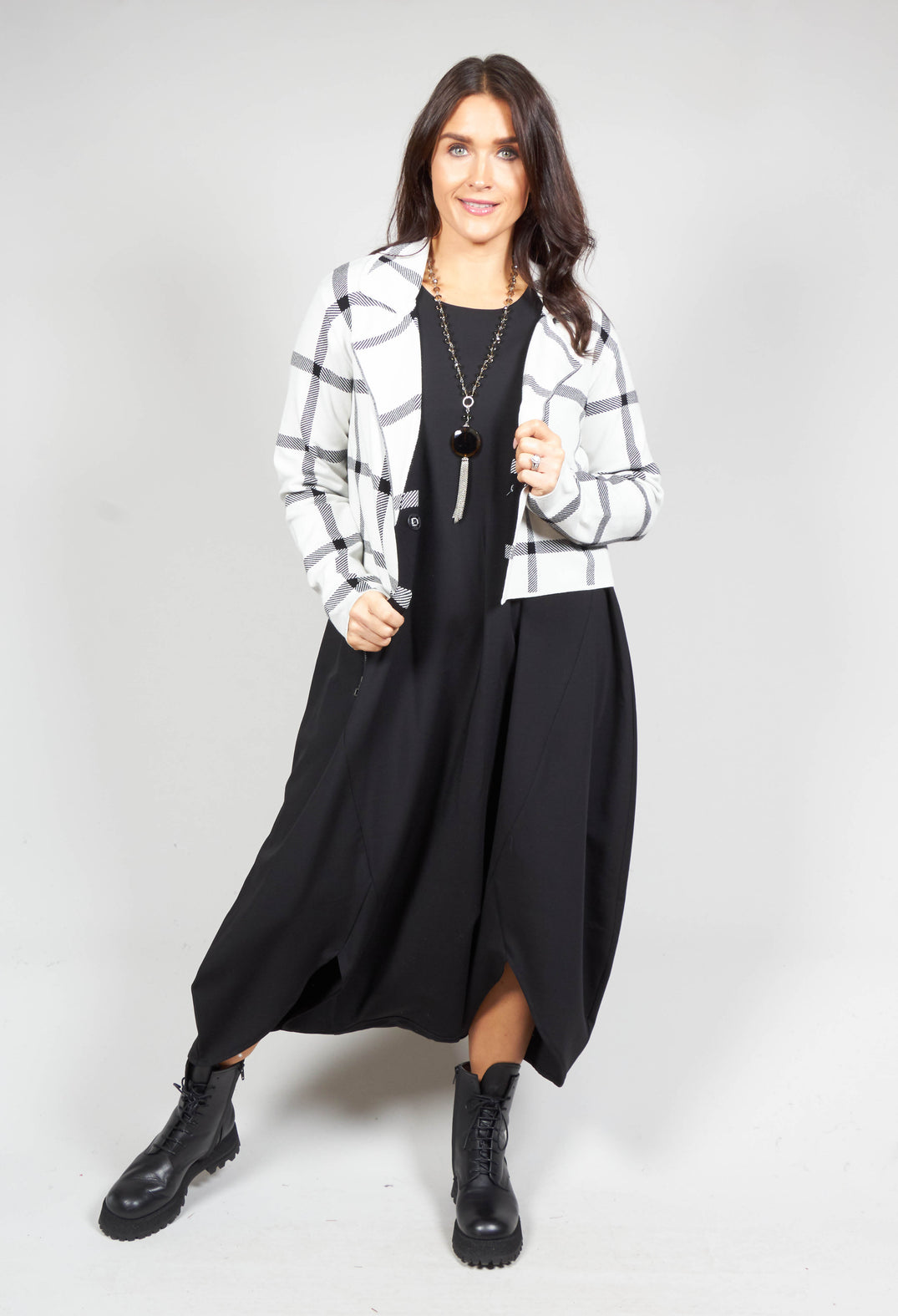 Short Cardigan with Check Design in White